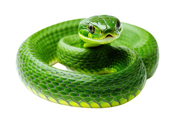 Green snake coiled up with shiny scales, alert expression and forked tongue, exotic reptile often found in rainforests.

