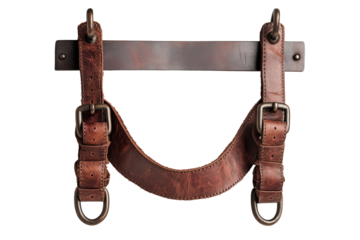 Vintage leather belt strap with buckles mounted on metal bracket, rustic accessory used in interiors or as functional decor.

