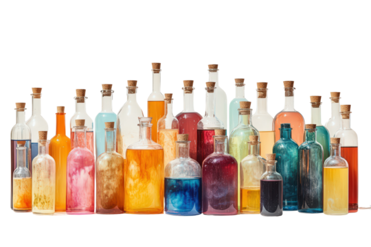 Collection of colorful potion bottles with cork stoppers, arranged like fantasy elements, ideal for design or digital storytelling.


