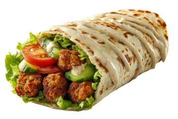 Falafel wrap filled with lettuce, cucumber, tomato, drizzled with white sauce, fresh vegetables and crispy balls in grilled flatbread.

