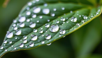 A green leaf covered with fresh water droplets, highlighting natural beauty and detail in a close-up view.