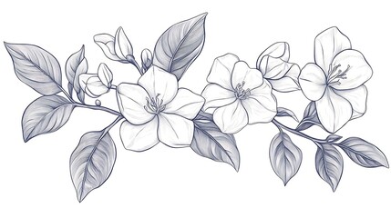 Detailed botanical illustration of white flowers and foliage with intricate line work for elegant designs and creative projects