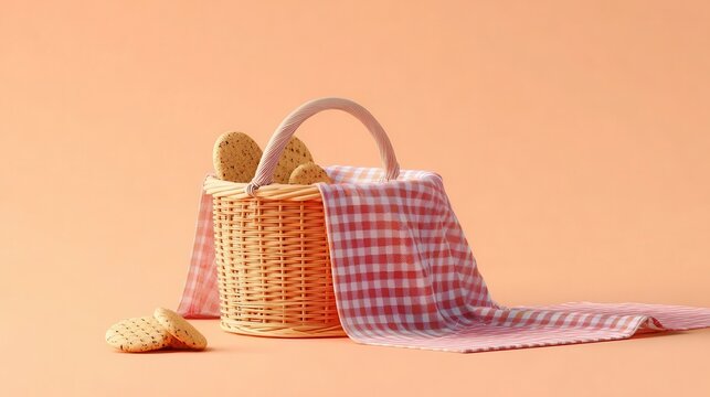 Vector-style minimalist picnic basket with cookies against a soft orange backdrop National Gingersnap and Gingerbread Day