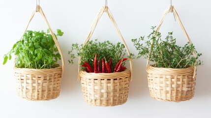 Small hanging baskets storing herbs and dried chilies on a white wall