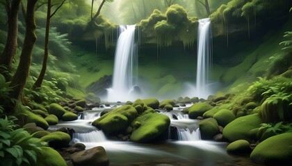 Experience the tranquility of a lush forest with cascading waterfalls and moss-covered rocks.