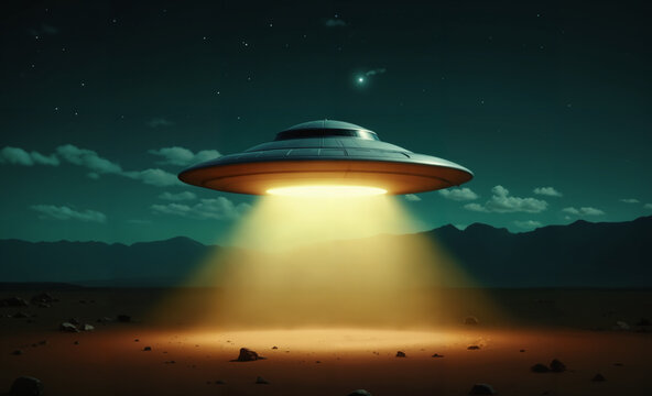 Unidentified Flying Object in Night Sky – Metallic Disc with Powerful Light Beam over Desert Landscape for Conspiracy Theory Discussions, World UFO Day Celebrations, and Extraterrestrial Content