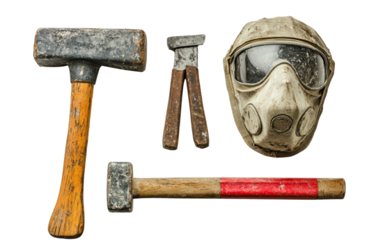 Old hammers, protective mask, pliers isolated on white, worn tools with rustic textures used in heavy duty industrial or repair settings.

 - Powered by Adobe
