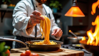 A chef prepares fresh pasta in a pan over a stove with visible flames in a cozy kitchen setting.