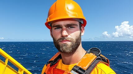 Close up portrait of a young man with a beard wearing an orange hard hat and safety vest, ocean background