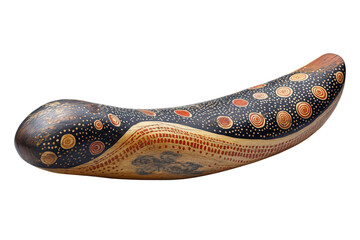 Decorative boomerang painted with indigenous dot motifs in earthy tones, symbolizing cultural heritage.

