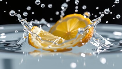 Two lemon slices splash into clear water, surrounded by droplets in mid-air, creating a refreshing and dynamic scene.