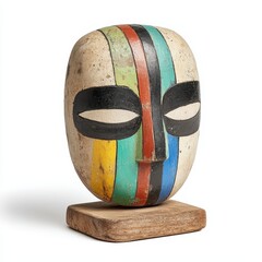 Close up shot of a colorful striped mask made of a coarse material, standing on a rough, square base, isolated against a pure white background