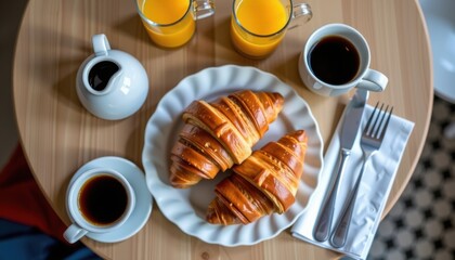 Two croissants on a plate with coffee, orange juice, and cutlery on a wooden table set for breakfast.