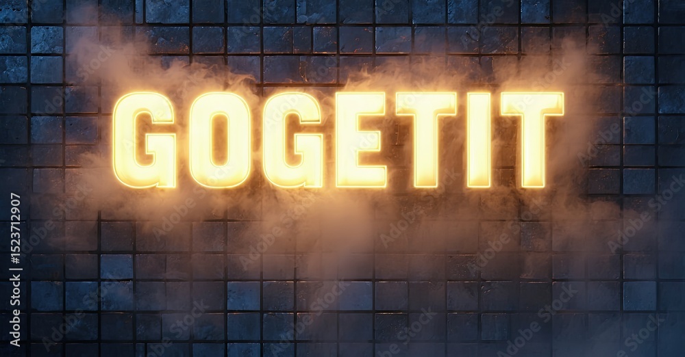 Poster Bright glowing text reads GOGETIT against dark tiled wall. Smoke surrounds letters, creating dramatic effect. Bold typography dominates composition.