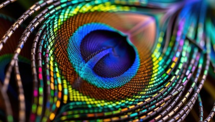 Close-up of a vibrant, iridescent peacock feather displaying rich blue, green, and yellow hues with intricate patterns.