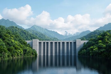 Fototapeta premium renewable energy source with hydropower and eco innovation. Hydropower station built into eco-bridge, merging infrastructure and energy