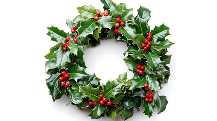 A festive Christmas wreath made entirely of holly leaves and bright red berries, perfectly circular and isolated on a white background.