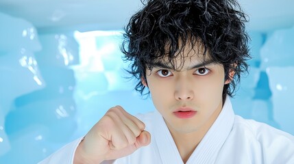 Close up portrait of a young man with dark curly hair, wearing a white karate gi, against a blurred icy blue background. He has a serious expression