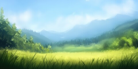 Fototapeta premium Peaceful Landscape Painting of Mountains and Green Field with Trees.