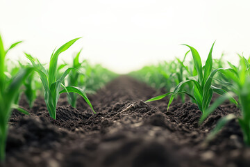  Rows of young green plants growing in rich dark soil, agriculture in early stage with vibrant healthy sprouts.
