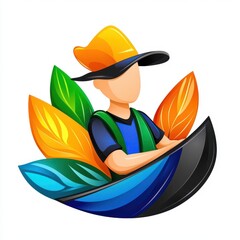 Illustration of faceless person in hat surrounded by colorful leaves, sitting in a boat like shape against white background