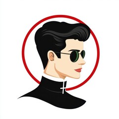 Pixel art portrait of a young man with dark hair, wearing sunglasses and a black collared shirt, set against a white background within a red circle