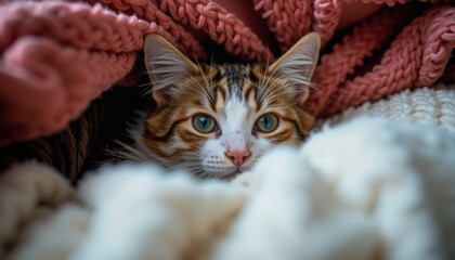 A cozy cat nestled under soft pink and white blankets, gazing curiously with bright green eyes.