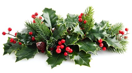 beautifully arranged Christmas centerpiece featuring holly leaves and berries, isolated on a white background in HD quality.