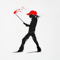 Silhouette of a person wearing a red cap, holding a stick with red paint splatters at the end, against a white background. Figure is walking
