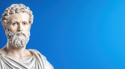 Close up view of a classical bust sculpture, featuring a bearded man with detailed facial features against a solid blue background. The image offers