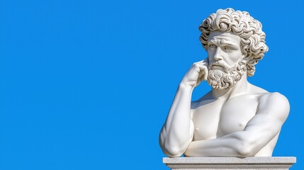 Close up view of a white marble bust of a bearded man, arms crossed, hand to chin, contemplative pose, against a vibrant blue sky