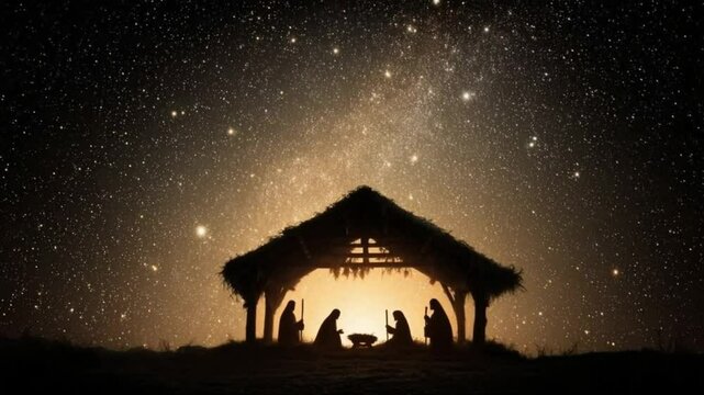 Symbolic nativity scene under glowing starry sky as camera slowly moves toward the stable, highlighting silhouettes of Mary, Joseph and baby Jesus in a peaceful Christmas night setting, AI generated