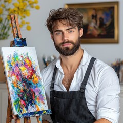 A young man with a beard and curly hair sits proudly beside his vibrant abstract painting, showcasing a colorful explosion of hues on canvas. The