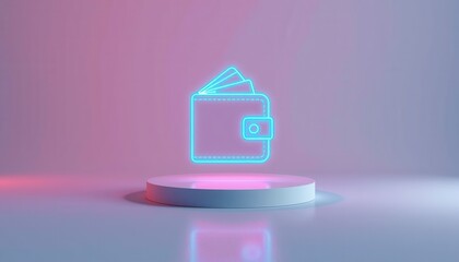 A glowing neon wallet icon hovers above a white platform with a soft pink and blue gradient background.