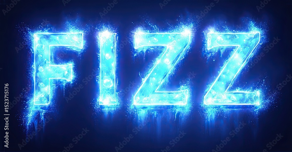 Aufkleber bright blue text spells fizz. glowing effects create dynamic, icy visual impact. dark background emp