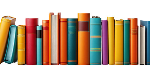 Collection of colorful books lined up, flat view of bookshelf, isolated on a Transparent background, PNG file. background, educational and artistic theme