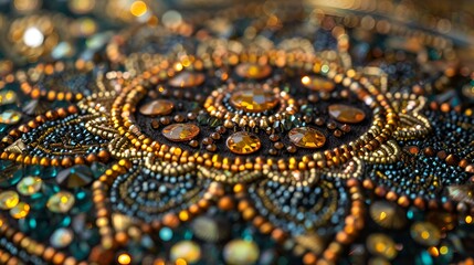 Close-up of the lid of a decorative box with intricate beadwork and sequins forming an elaborate design.
