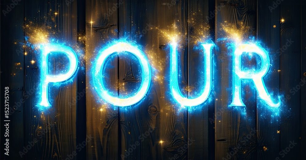 Poster bright neon text spells pour against rustic wood backdrop. sparkling particles enhance luminous effe