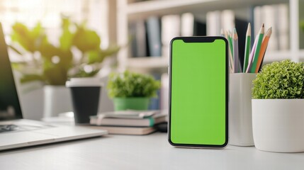 A modern smartphone with a green screen mockup placed on a white desk, surrounded by office supplies like a notebook, pen, and potted plant, creating a professional workspace.