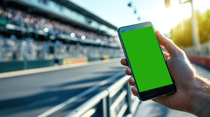 A hand holding a smartphone with a green screen at a racetrack, ideal for showcasing apps related to sports broadcasting, live timing, or event interaction.