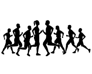Silhouette of crowd of young people running, morning jogging, side view, isolated icon on white background.