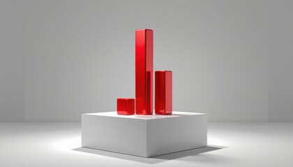 Red transparent 3D bar chart columns displayed on a white pedestal in a minimalistic, well-lit room.