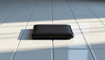 A black leather wallet resting on a shiny white tiled floor under natural light.