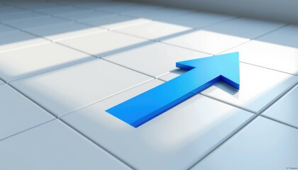 A bright blue arrow points forward on a white tiled surface, symbolizing progress and direction in a modern, minimalistic setting.