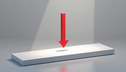 A large red arrow points downward onto a white rectangular platform under a spotlight in a minimalistic setting.