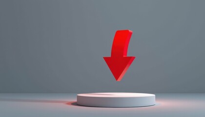 A large red downward arrow points to a white circular platform against a plain gray background.