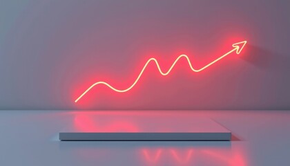 A glowing red neon arrow in a wavy upward trend, mounted on a minimalist wall above a white platform.