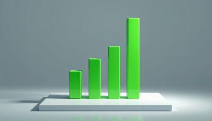 A 3D green bar chart displays increasing columns on a white platform, symbolizing growth and success.