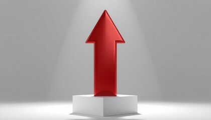 A large red arrow pointing upward stands on a white pedestal, illuminated by a spotlight against a gray background.