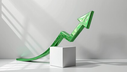 A green upward arrow symbolizing growth and progress stands on a white cube in a minimalist, well-lit room.